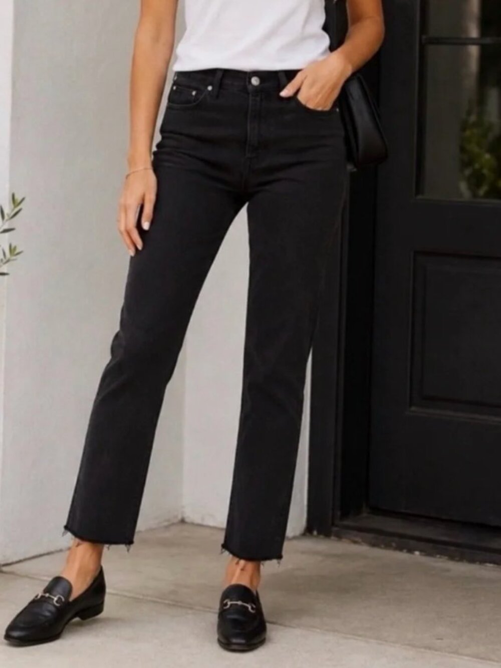 Edwin Bree Slim Straight Crop Jeans Black Raw Hem | Sz 25 Waist | 26" Inseam